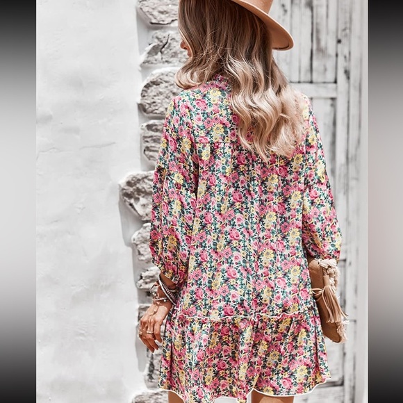 Kirundo Floral Print Babydoll Tent Tiered Mini Dress Pinm White Green Large - Picture 4 of 12